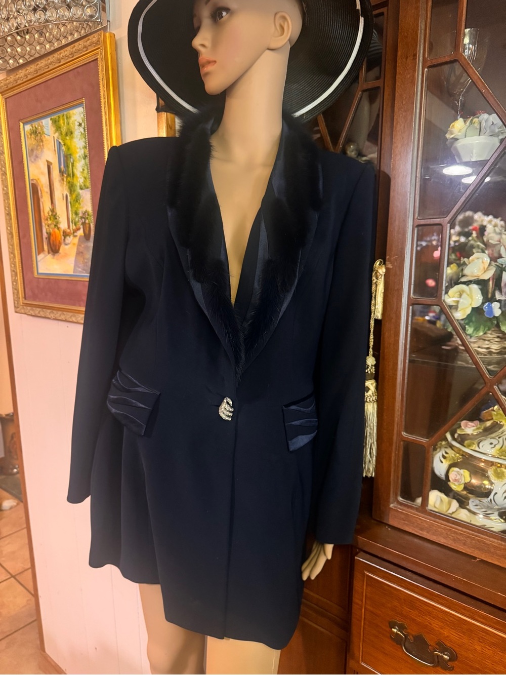 Women's Vtg Louise Ricci size 14 dyed blue Mink Fur-Trim Blazer Jacket
